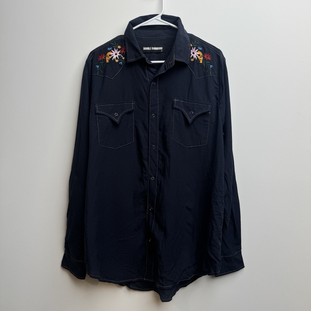 Double Rainbouu Men's Medium Navy Long Sleeve Shirt Button Up Western Floral